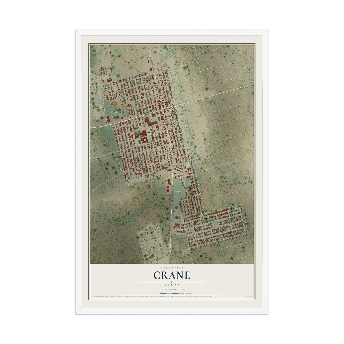 Map of Crane, Texas, 12 x 18 inch print in a white wood frame