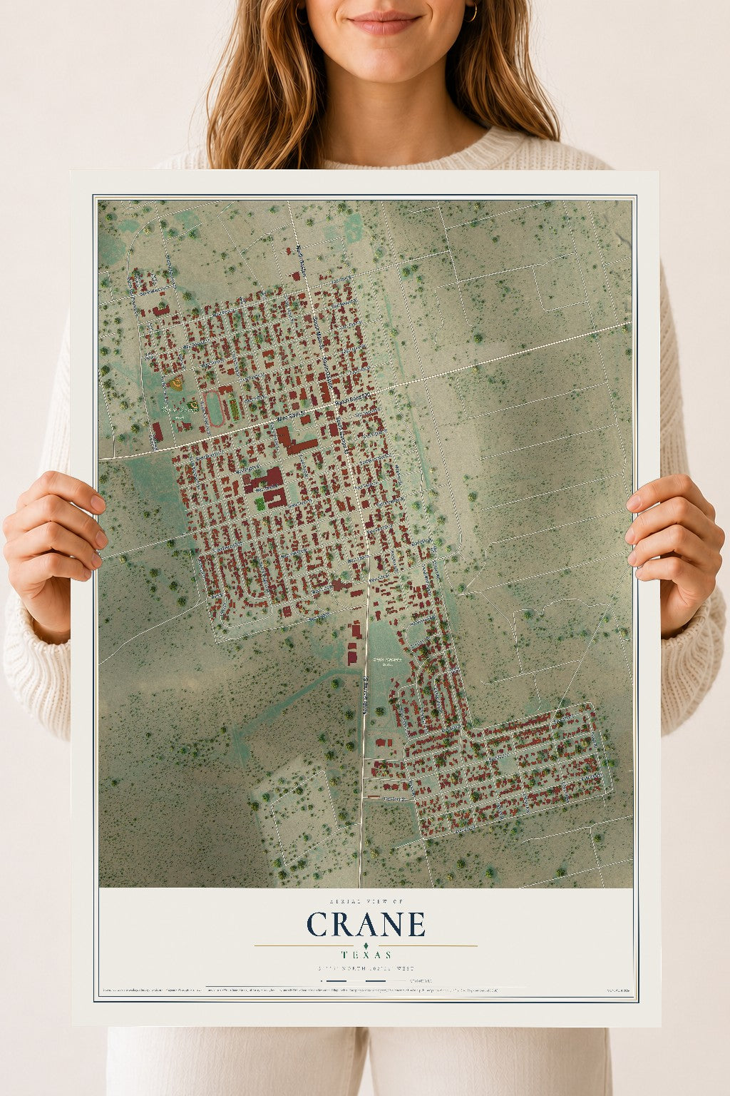 Map of Crane, Texas, 18 x 24 inch unframed archival matte print