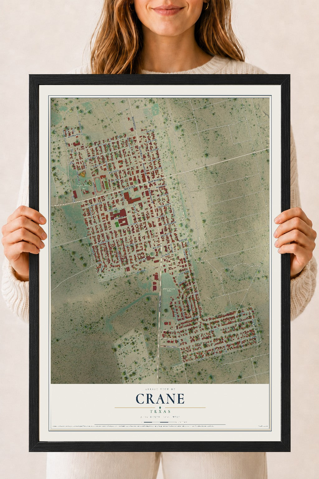 Map of Crane, Texas, 18 x 24 inch print in a black wood frame