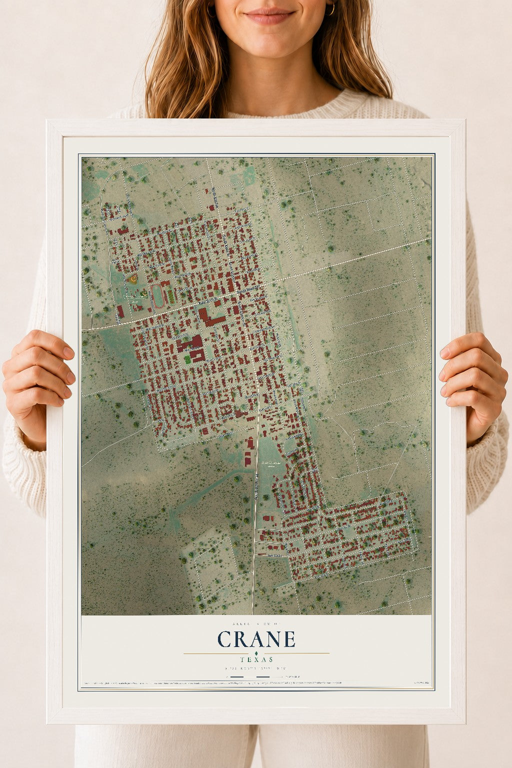Map of Crane, Texas, 18 x 24 inch print in a white wood frame