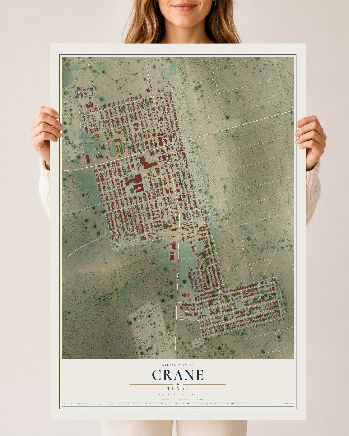 Map of Crane, Texas, 24 x 36 inch unframed archival matte print
