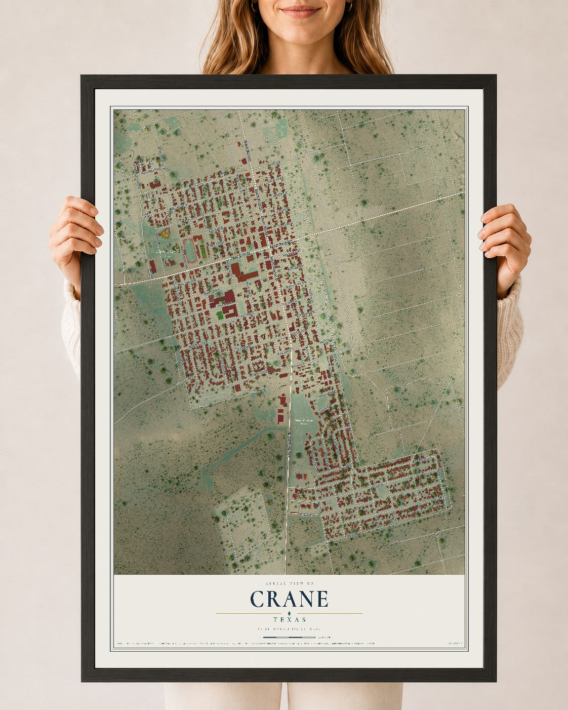 Map of Crane, Texas, 24 x 36 inch print in a black wood frame