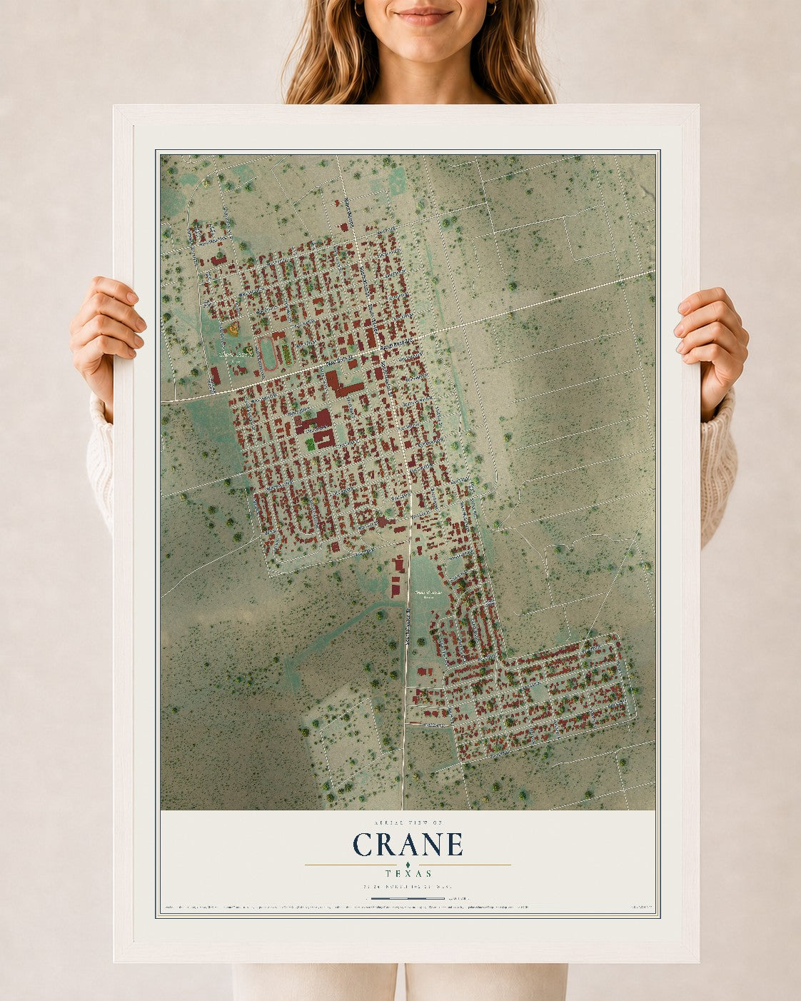 Map of Crane, Texas, 24 x 36 inch print in a white wood frame