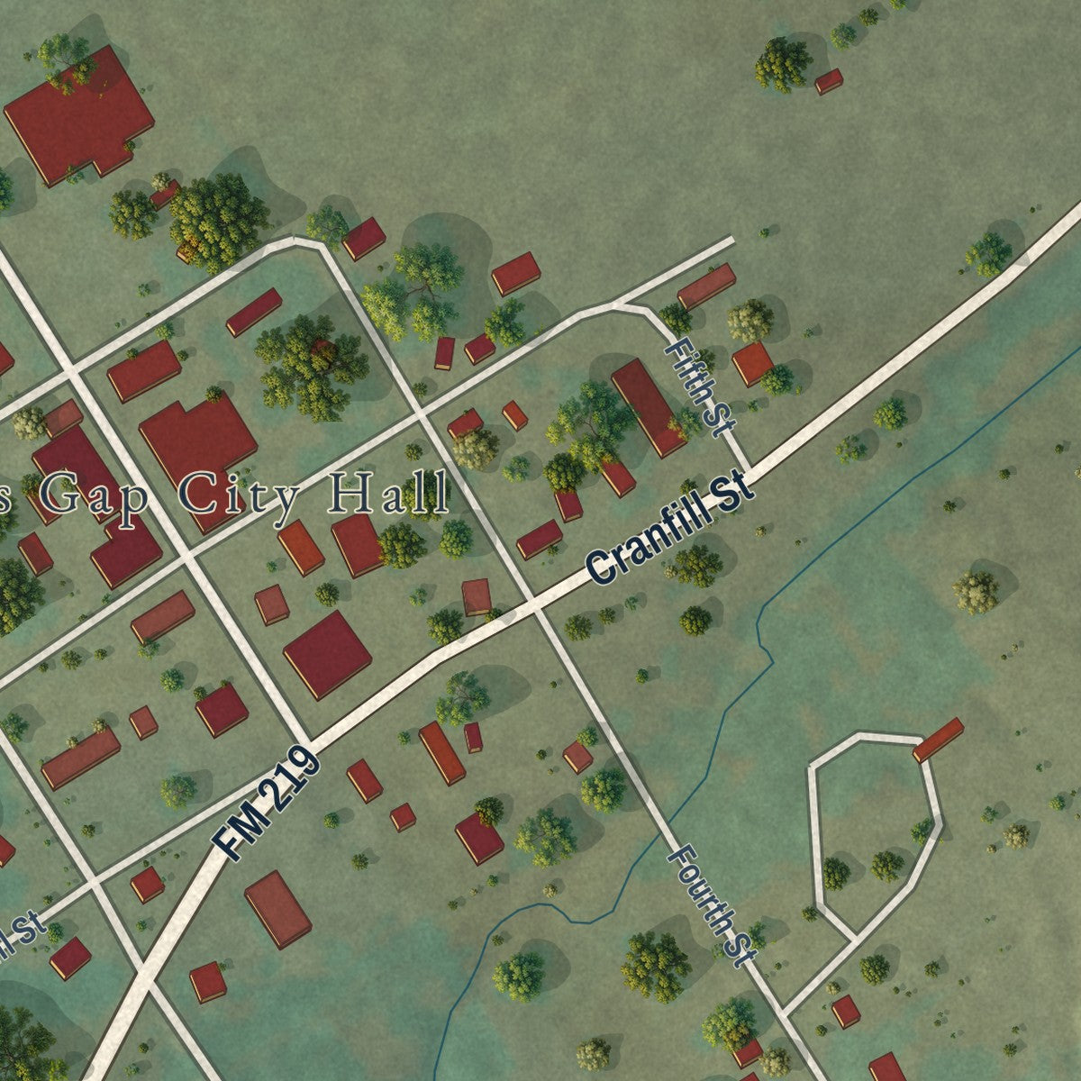 Close-up of the map of Cranfills Gap, Texas print showing street and building detail