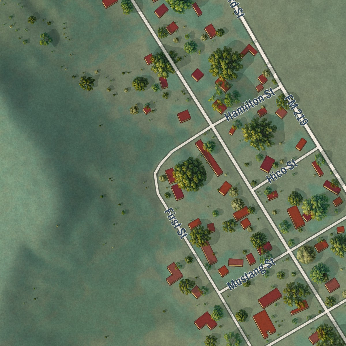 Second close-up of the map of Cranfills Gap, Texas print showing more streets and buildings