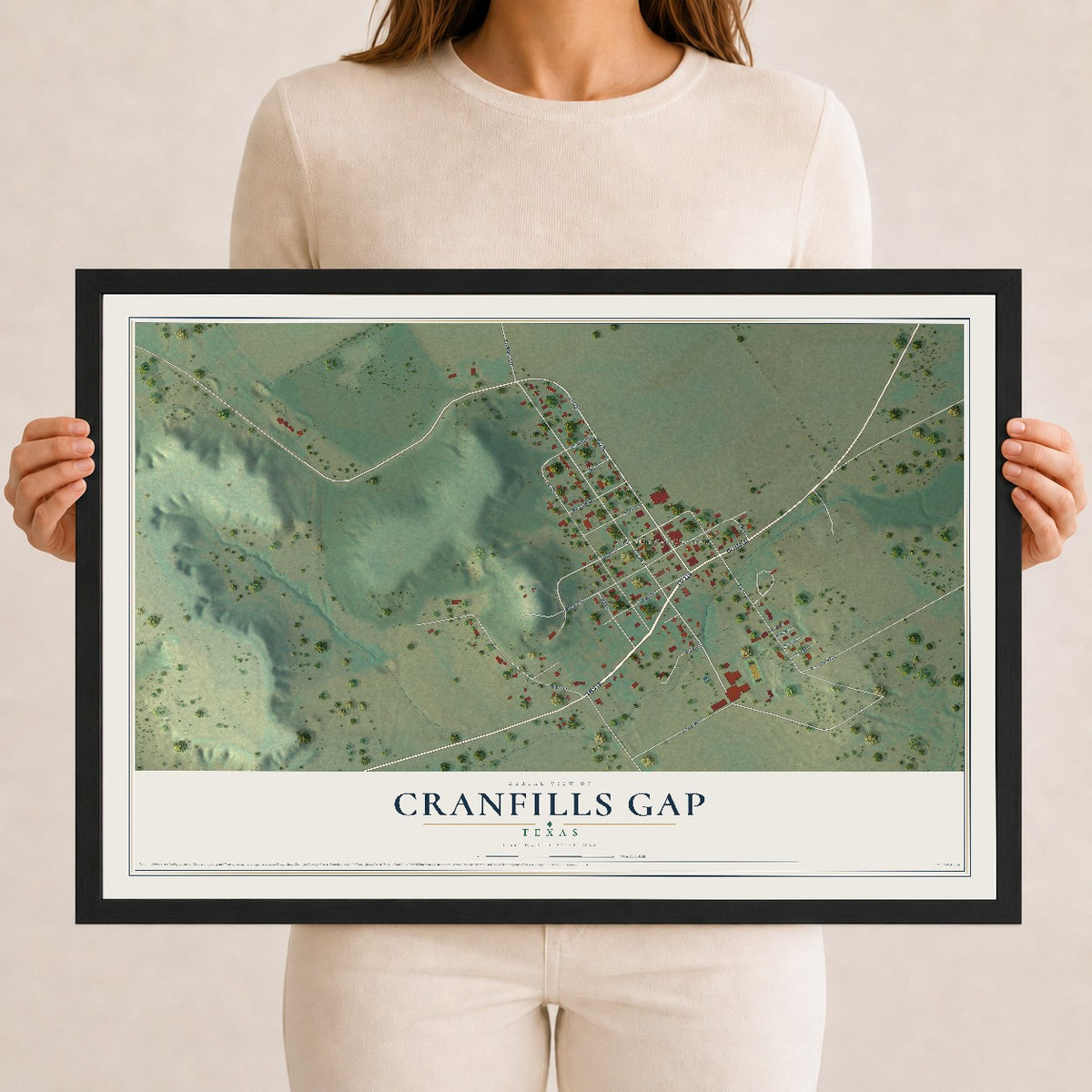 Map of Cranfills Gap, Texas, 12 x 18 inch print in a black wood frame
