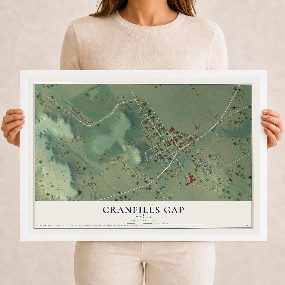 Map of Cranfills Gap, Texas, 12 x 18 inch print in a white wood frame