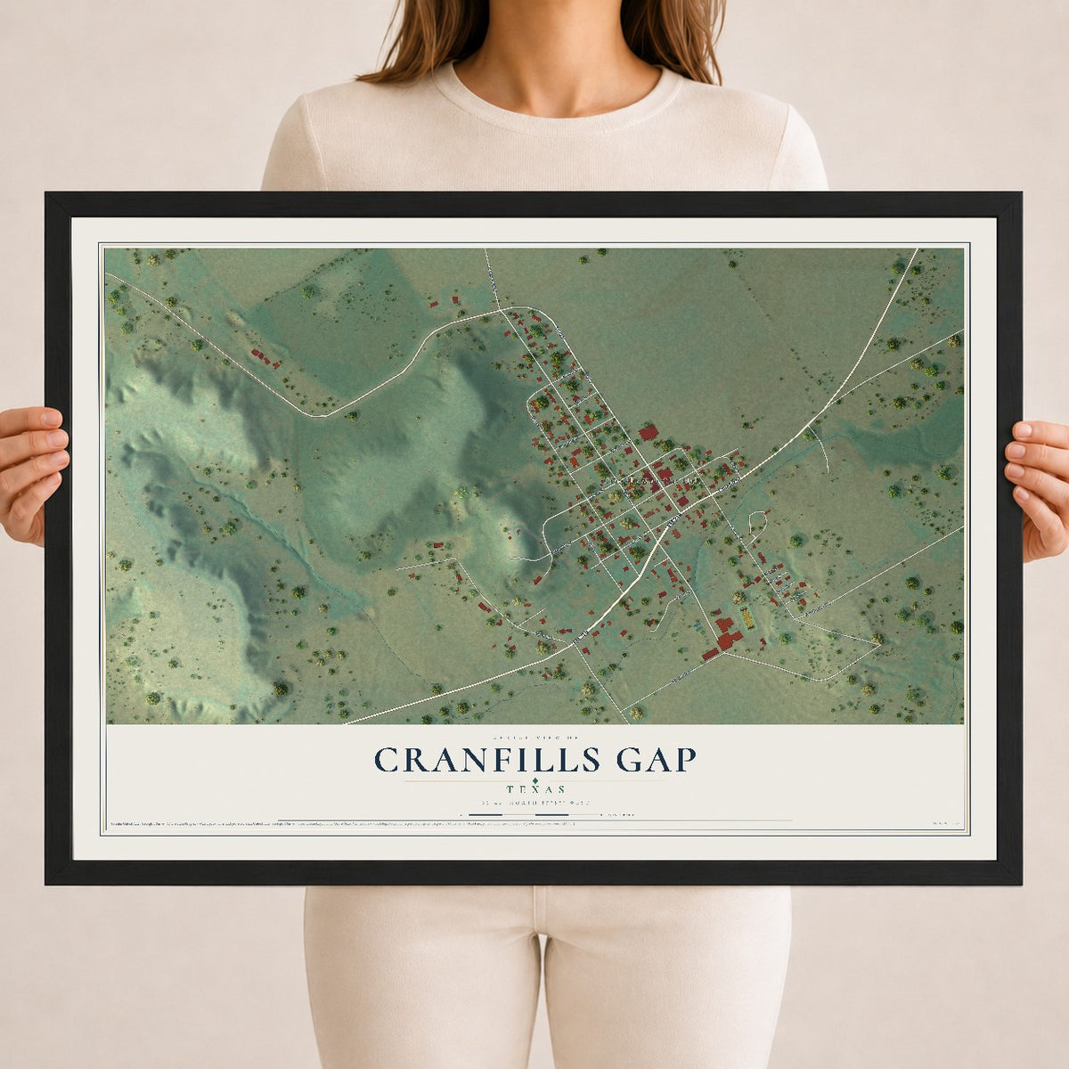 Map of Cranfills Gap, Texas, 18 x 24 inch print in a black wood frame