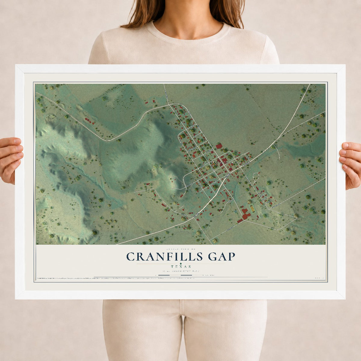 Map of Cranfills Gap, Texas, 18 x 24 inch print in a white wood frame