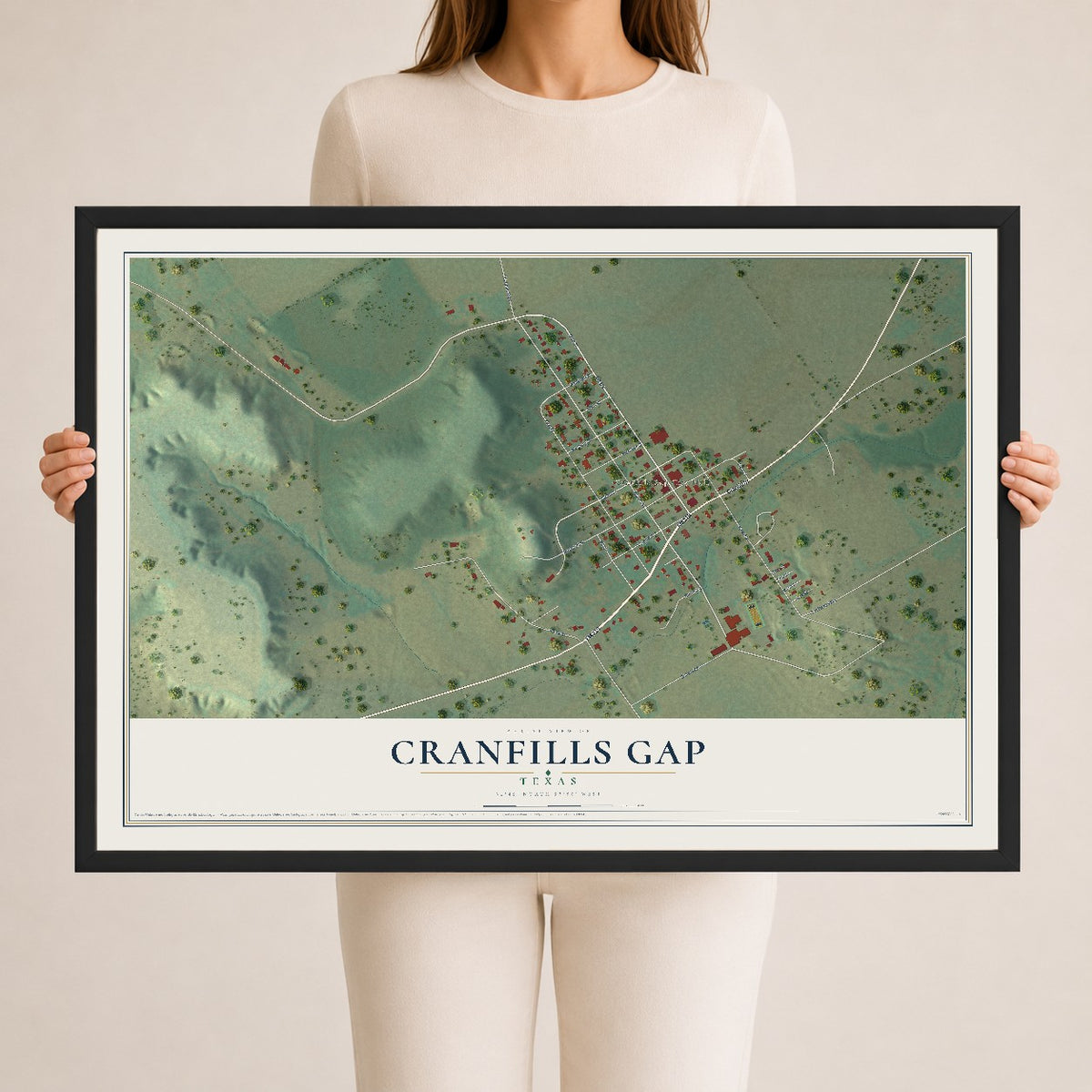 Map of Cranfills Gap, Texas, 24 x 36 inch print in a black wood frame