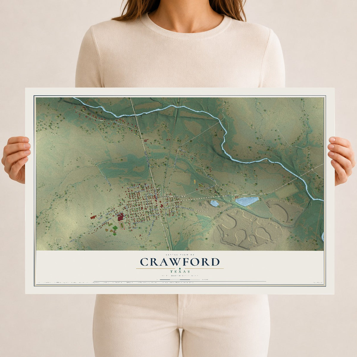 Map of Crawford, Texas, 12 x 18 inch unframed archival matte print