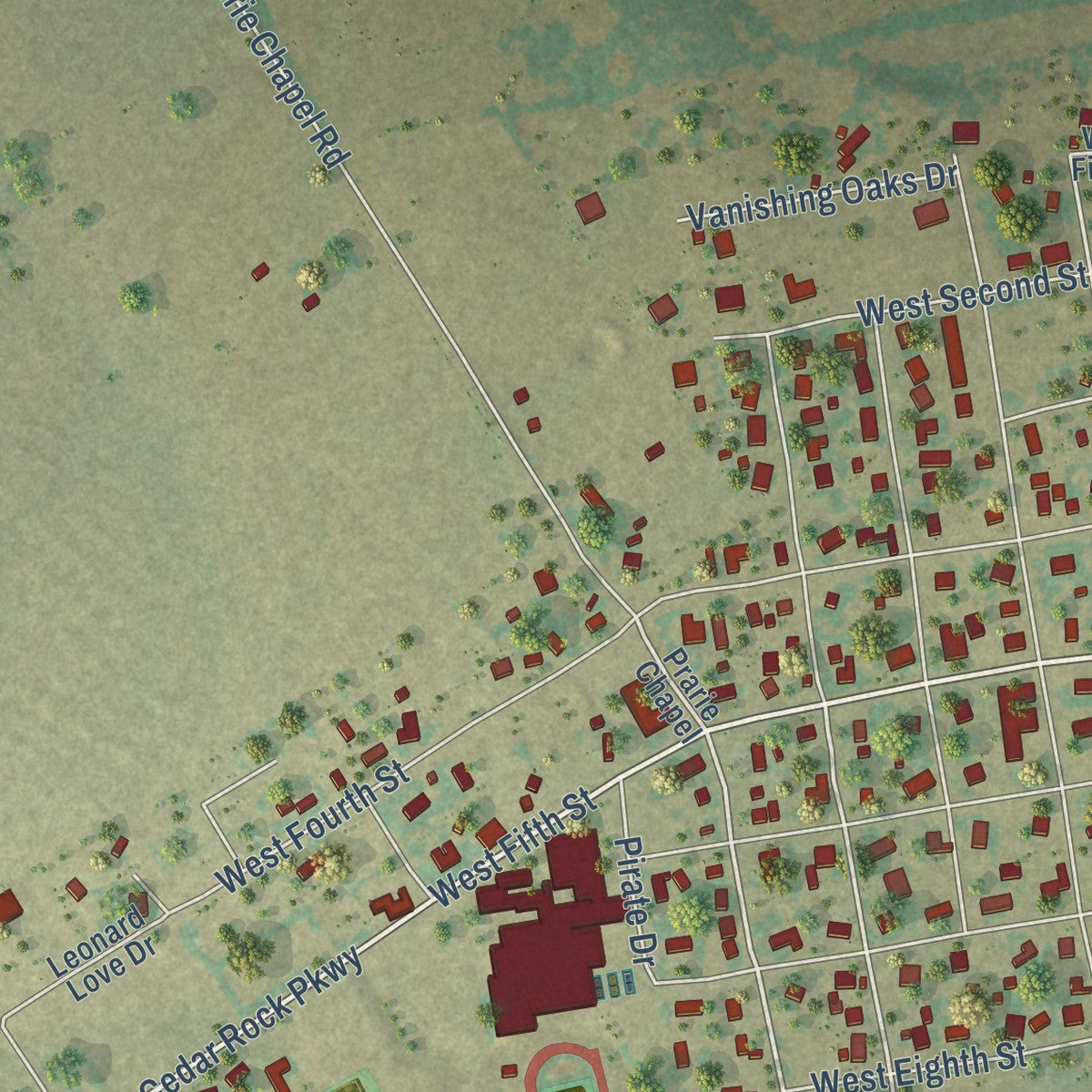 Close-up of the map of Crawford, Texas print showing street and building detail