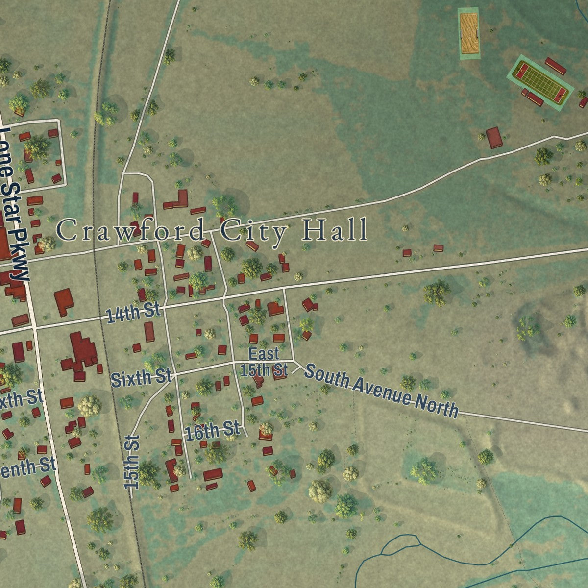 Second close-up of the map of Crawford, Texas print showing more streets and buildings