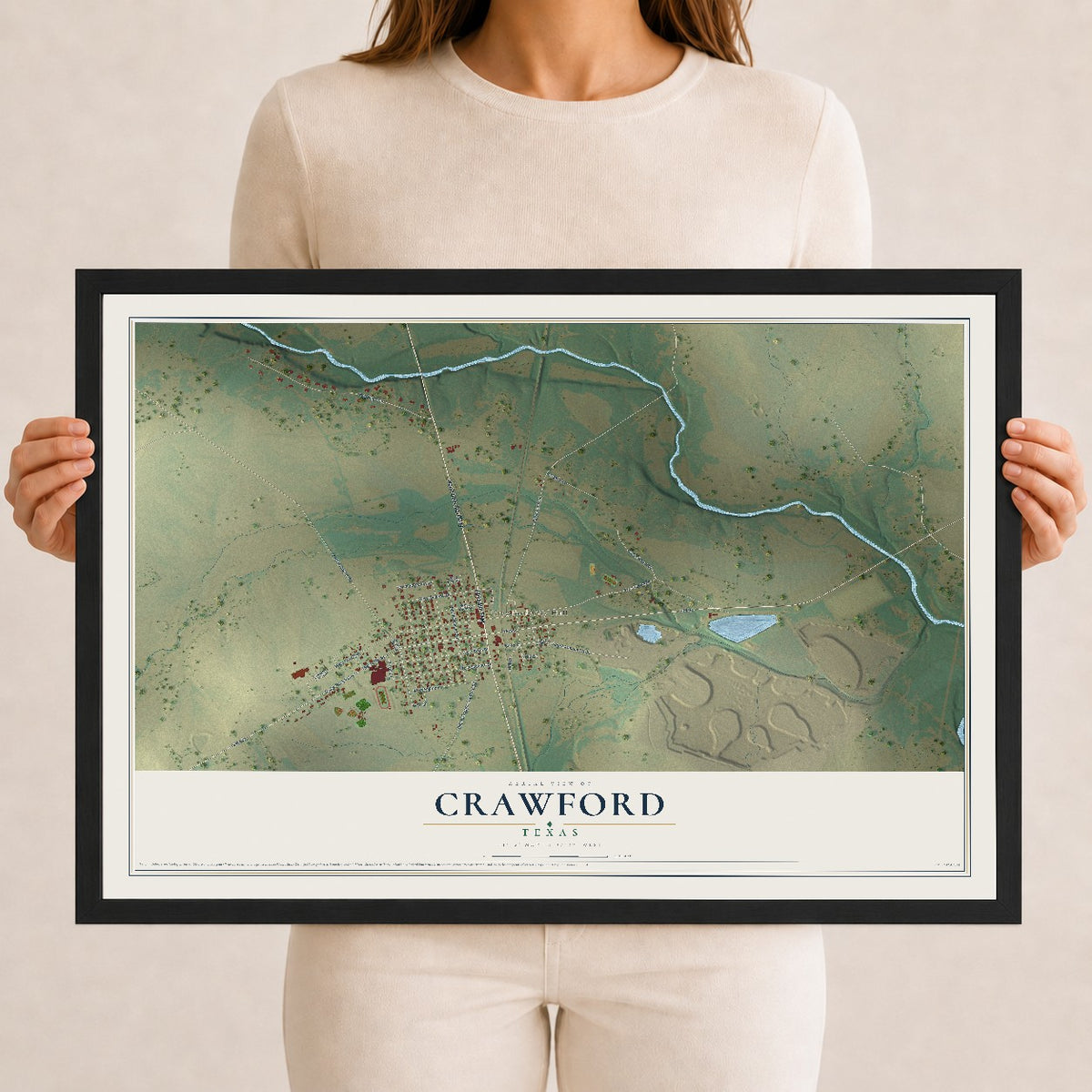 Map of Crawford, Texas, 12 x 18 inch print in a black wood frame