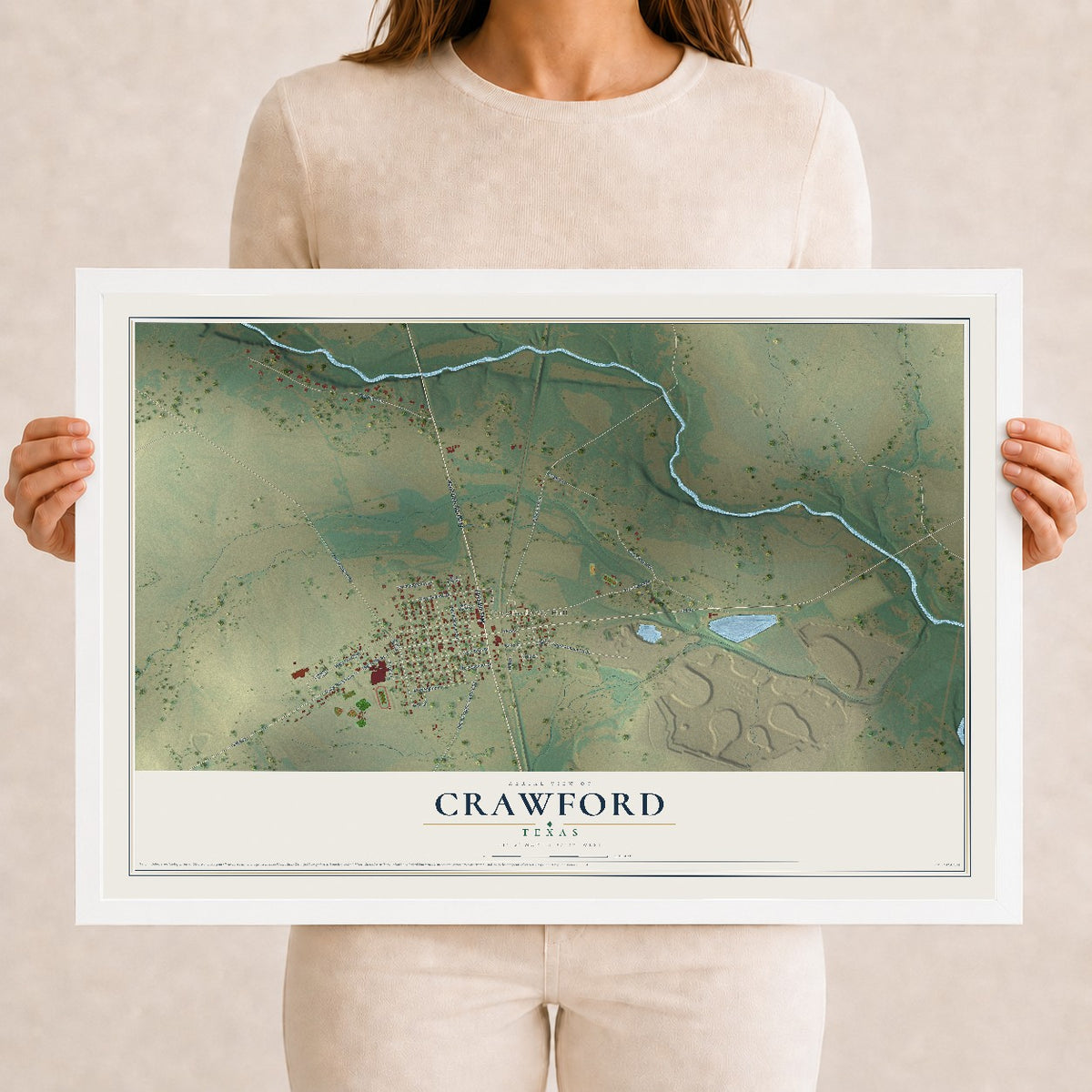 Map of Crawford, Texas, 12 x 18 inch print in a white wood frame