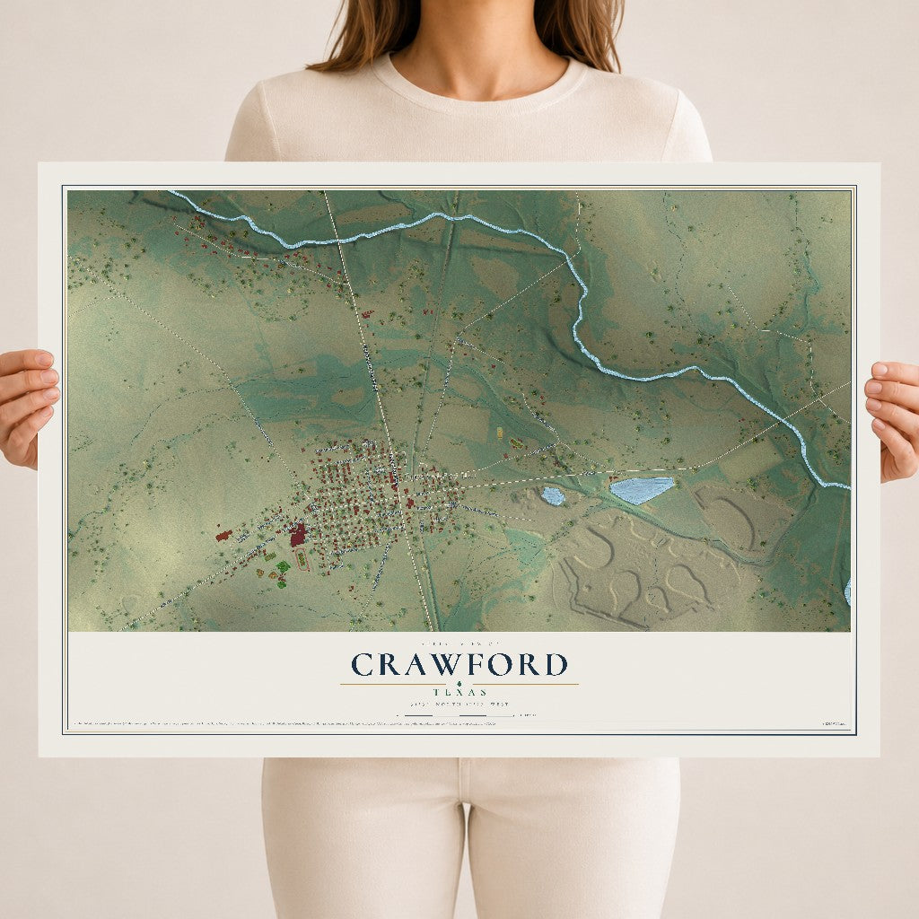 Map of Crawford, Texas, 18 x 24 inch unframed archival matte print
