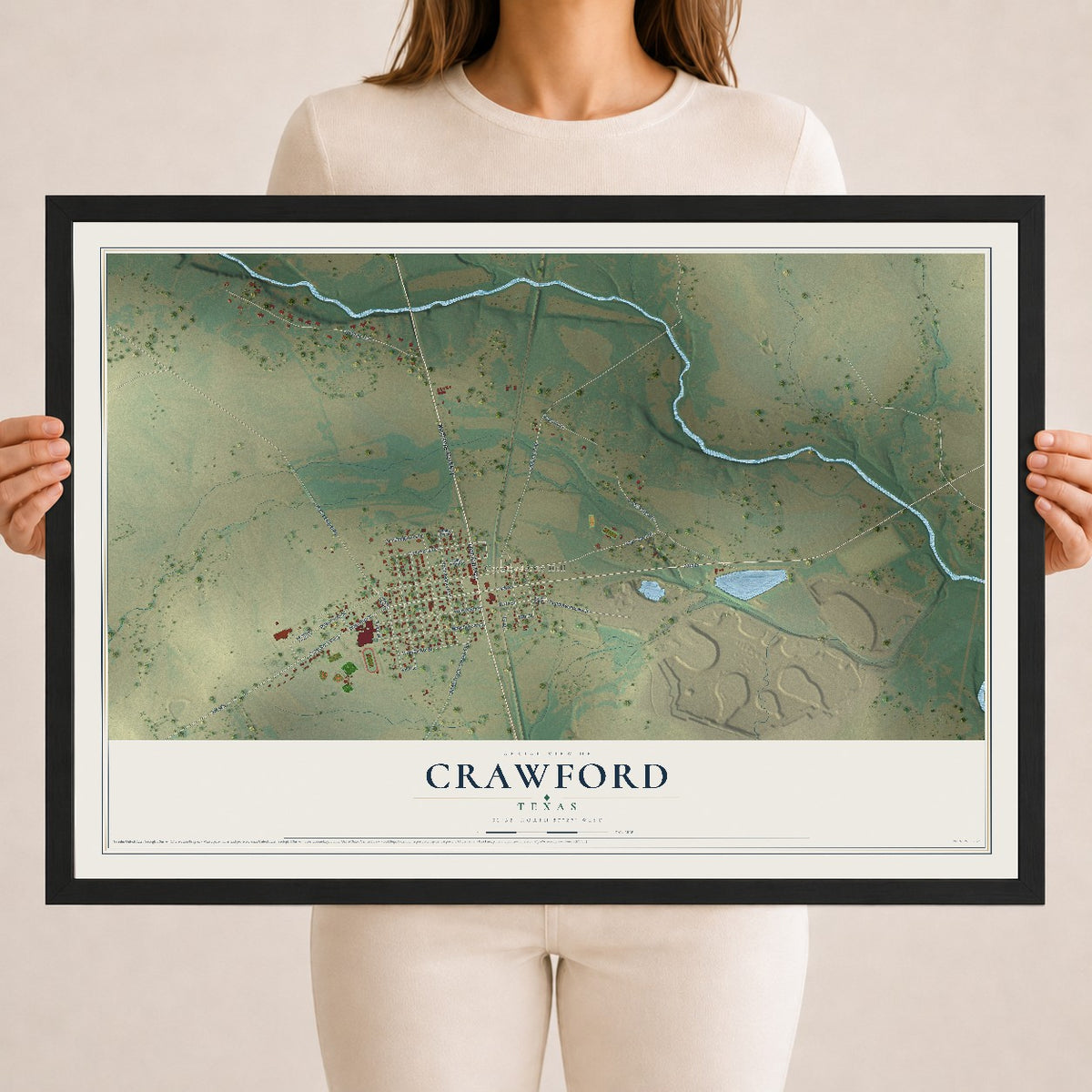 Map of Crawford, Texas, 18 x 24 inch print in a black wood frame
