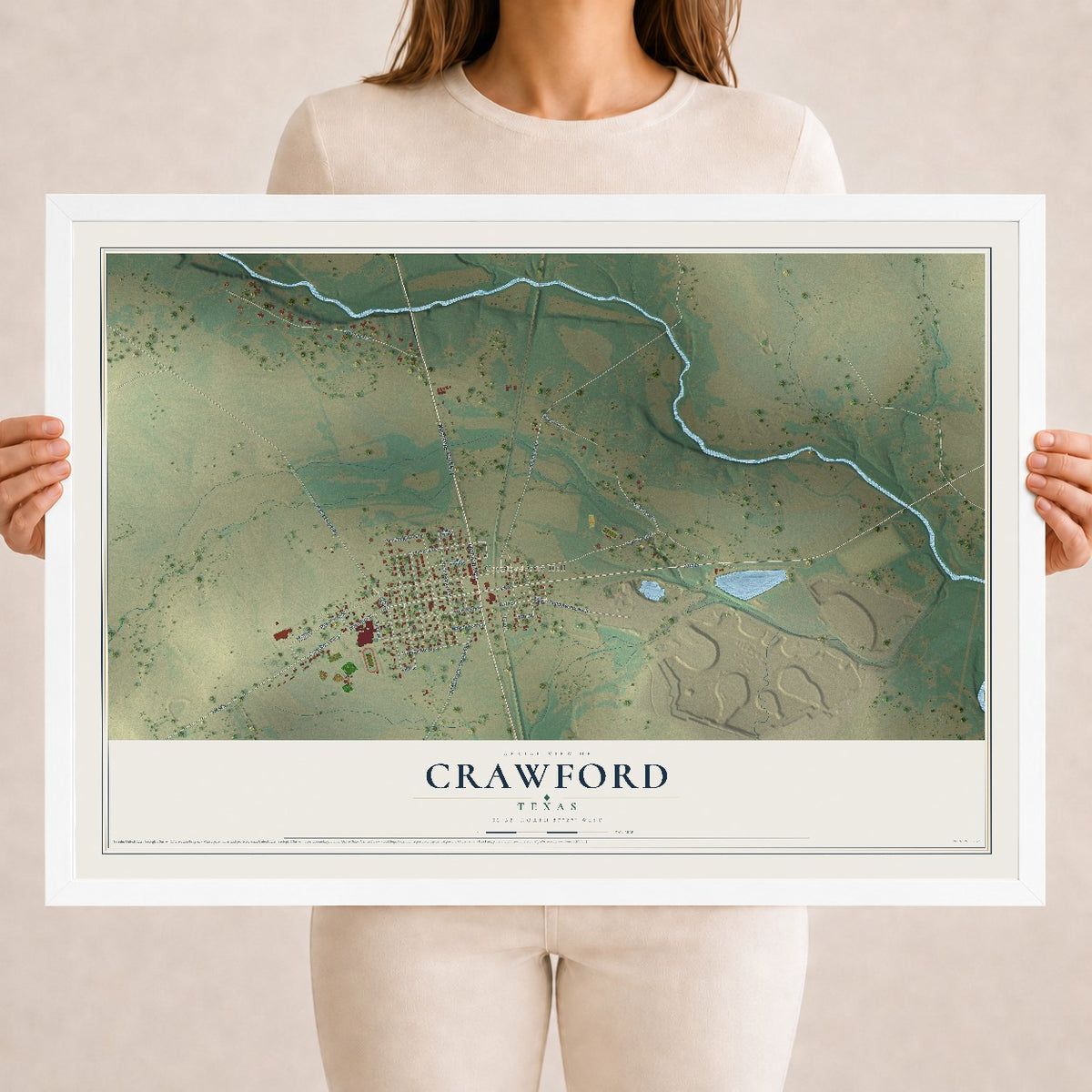 Map of Crawford, Texas, 18 x 24 inch print in a white wood frame
