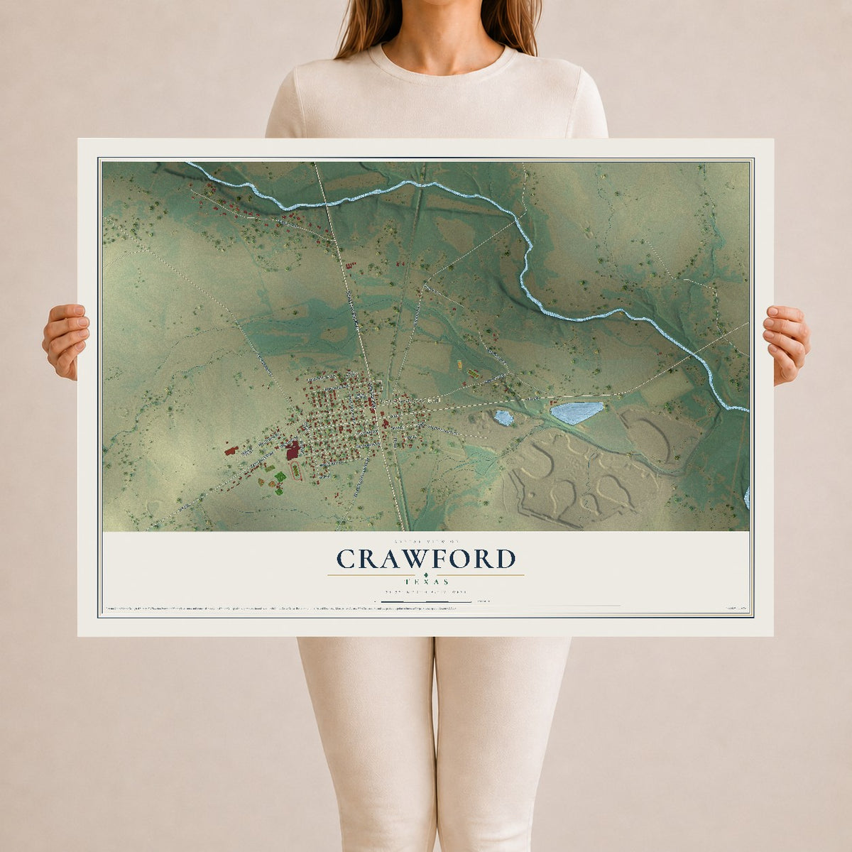 Map of Crawford, Texas, 24 x 36 inch unframed archival matte print