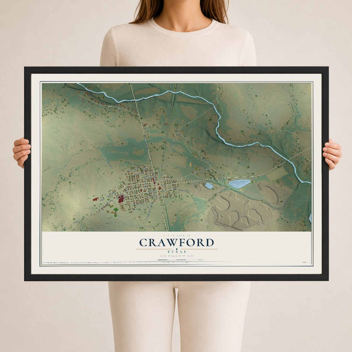 Map of Crawford, Texas, 24 x 36 inch print in a black wood frame