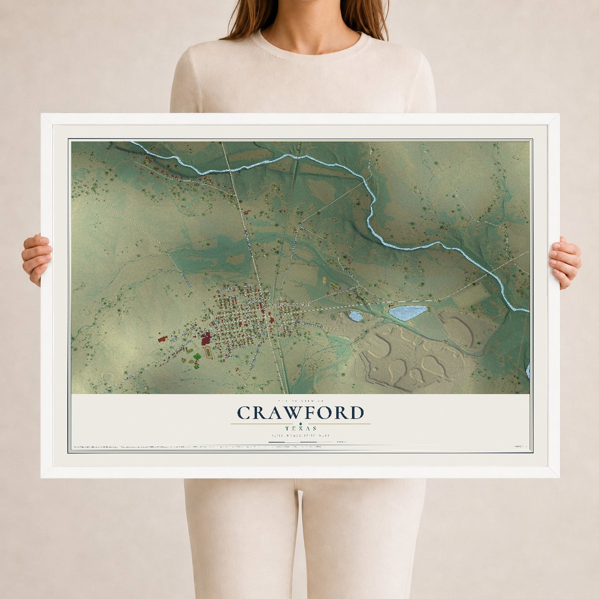 Map of Crawford, Texas, 24 x 36 inch print in a white wood frame
