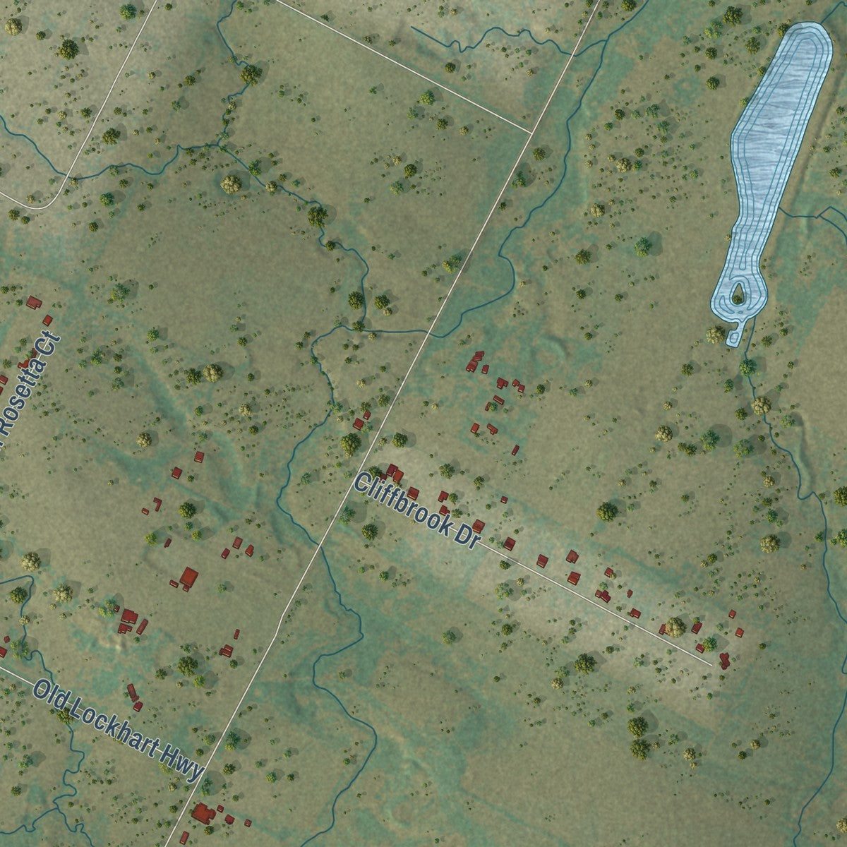 Second close-up of the map of Creedmoor, Texas print showing more streets and buildings