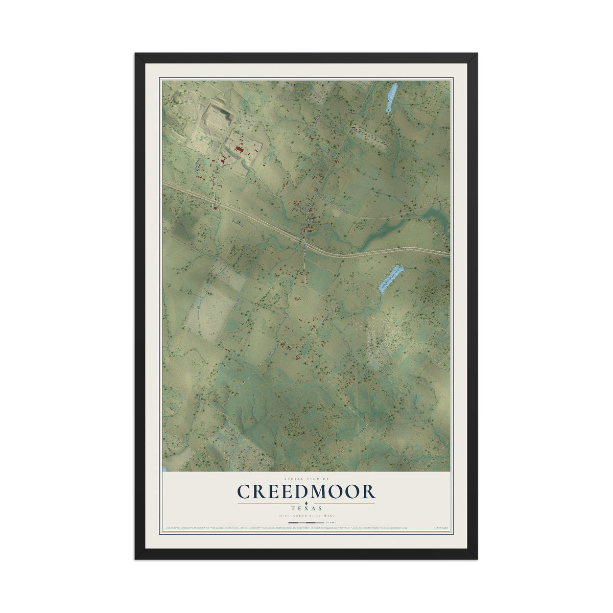 Map of Creedmoor, Texas, 12 x 18 inch print in a black wood frame