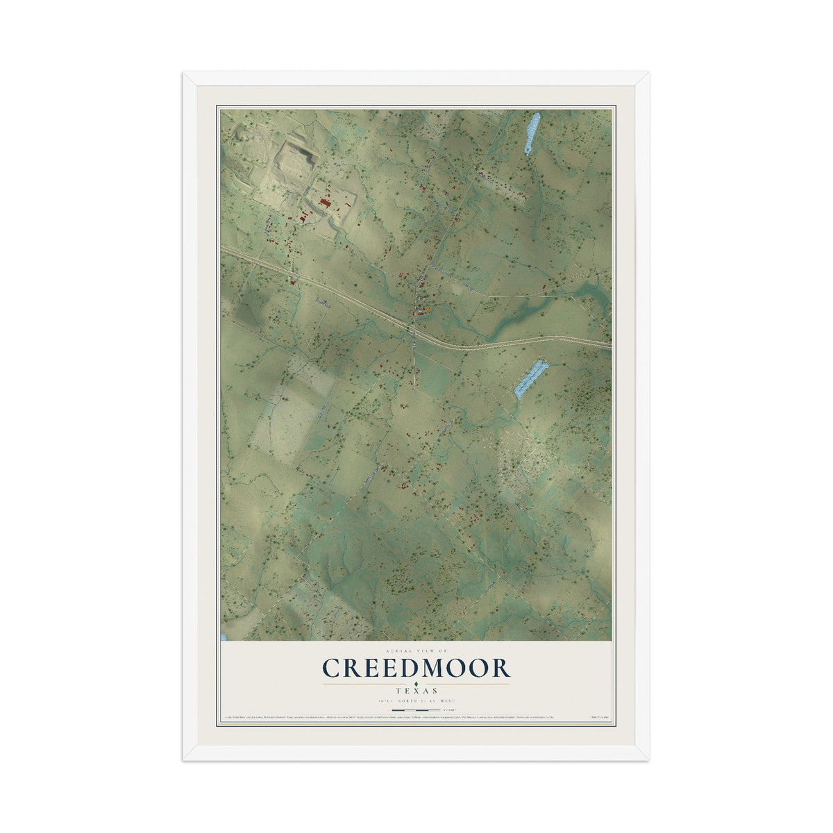 Map of Creedmoor, Texas, 12 x 18 inch print in a white wood frame