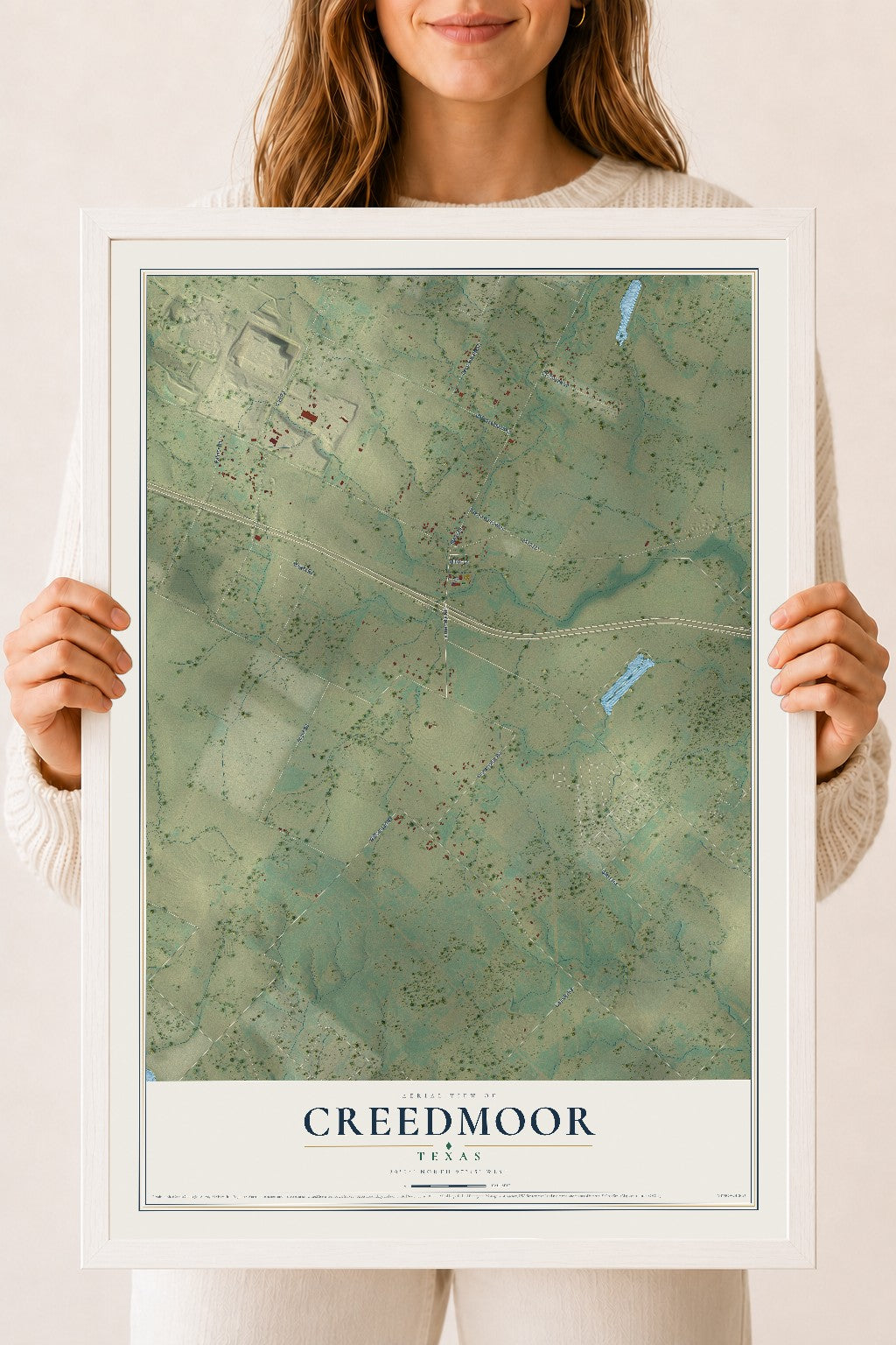 Map of Creedmoor, Texas, 18 x 24 inch print in a white wood frame