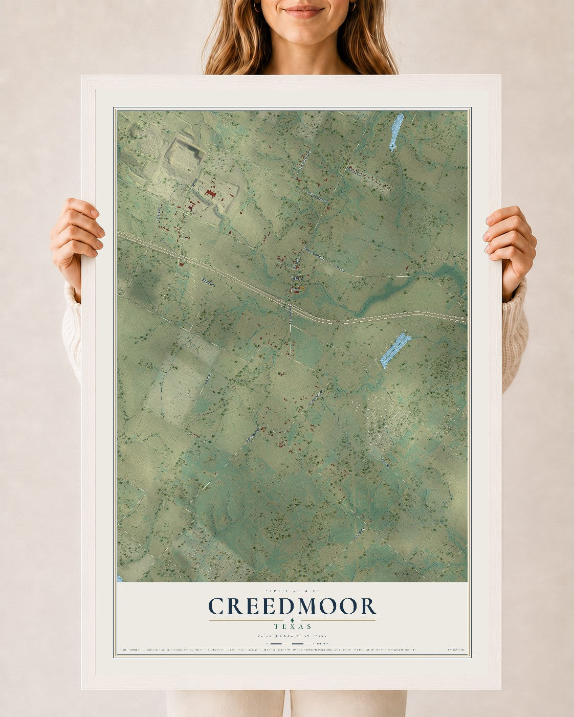 Map of Creedmoor, Texas, 24 x 36 inch print in a white wood frame