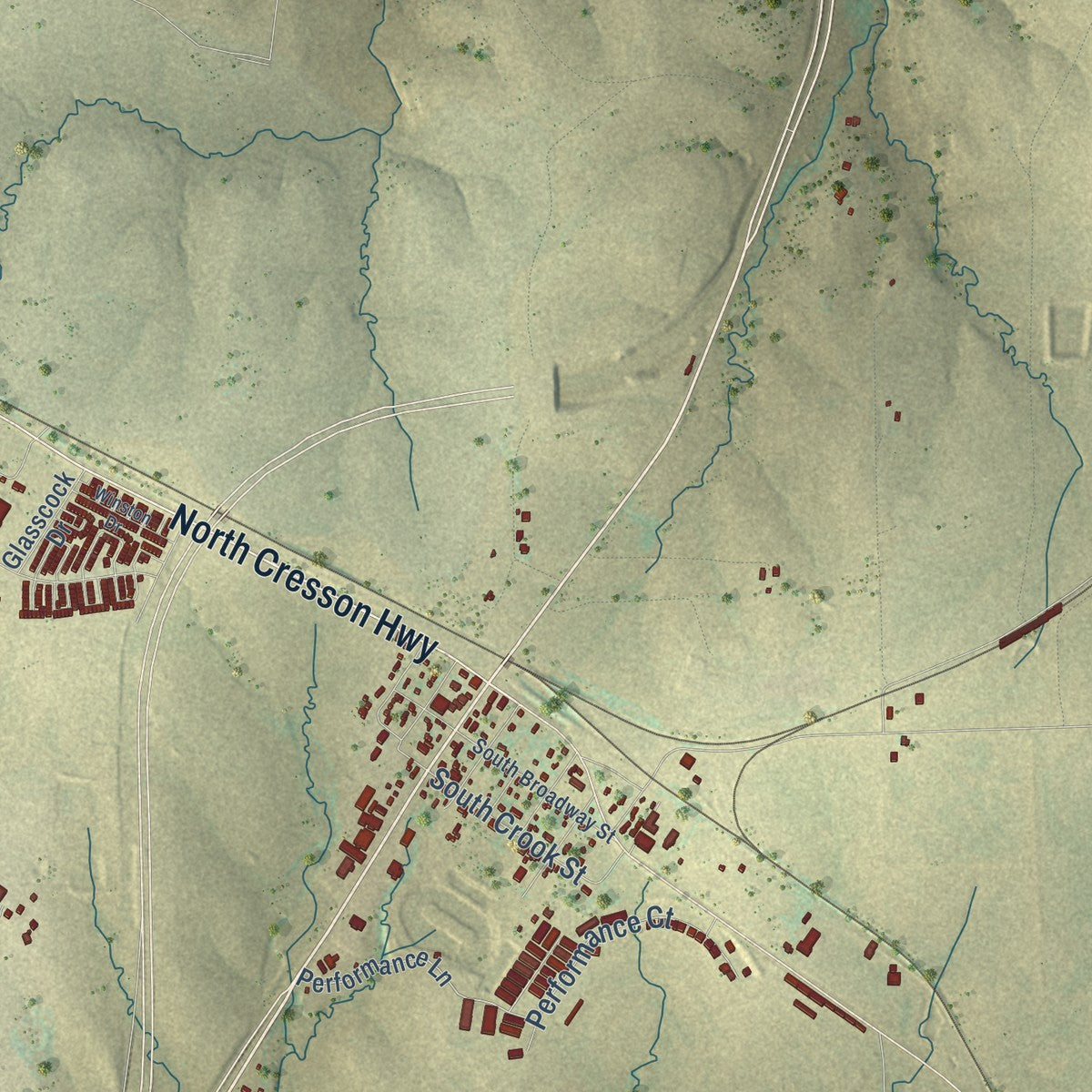 Close-up of the map of Cresson, Texas print showing street and building detail