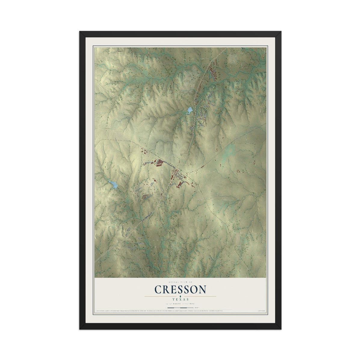 Map of Cresson, Texas, 12 x 18 inch print in a black wood frame