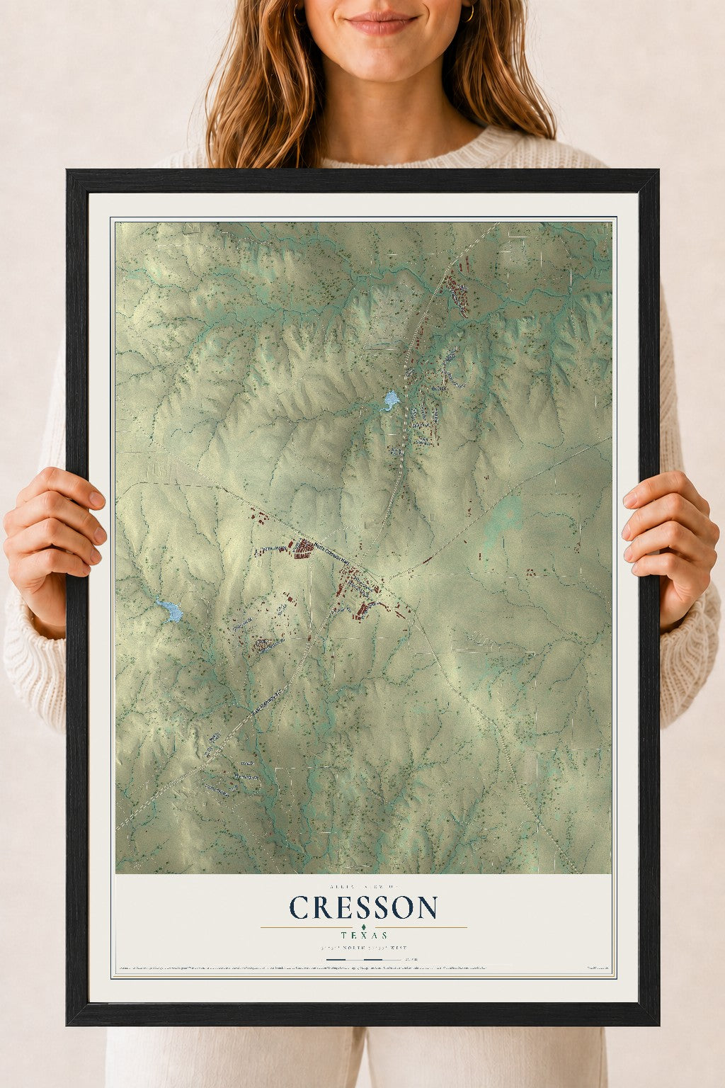 Map of Cresson, Texas, 18 x 24 inch print in a black wood frame