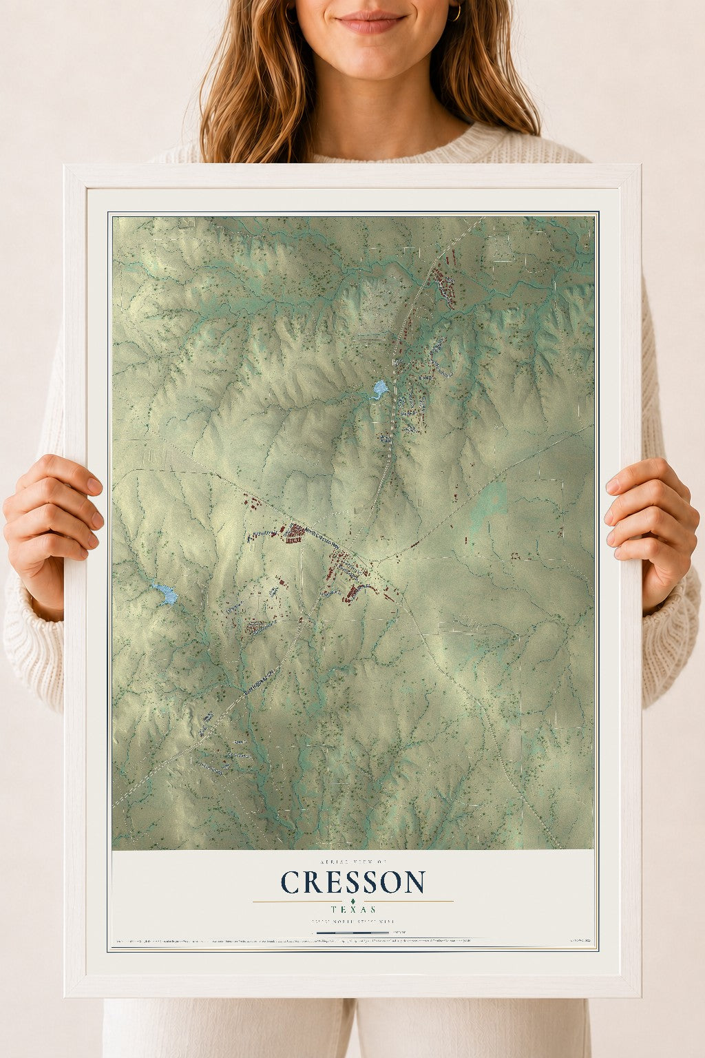 Map of Cresson, Texas, 18 x 24 inch print in a white wood frame