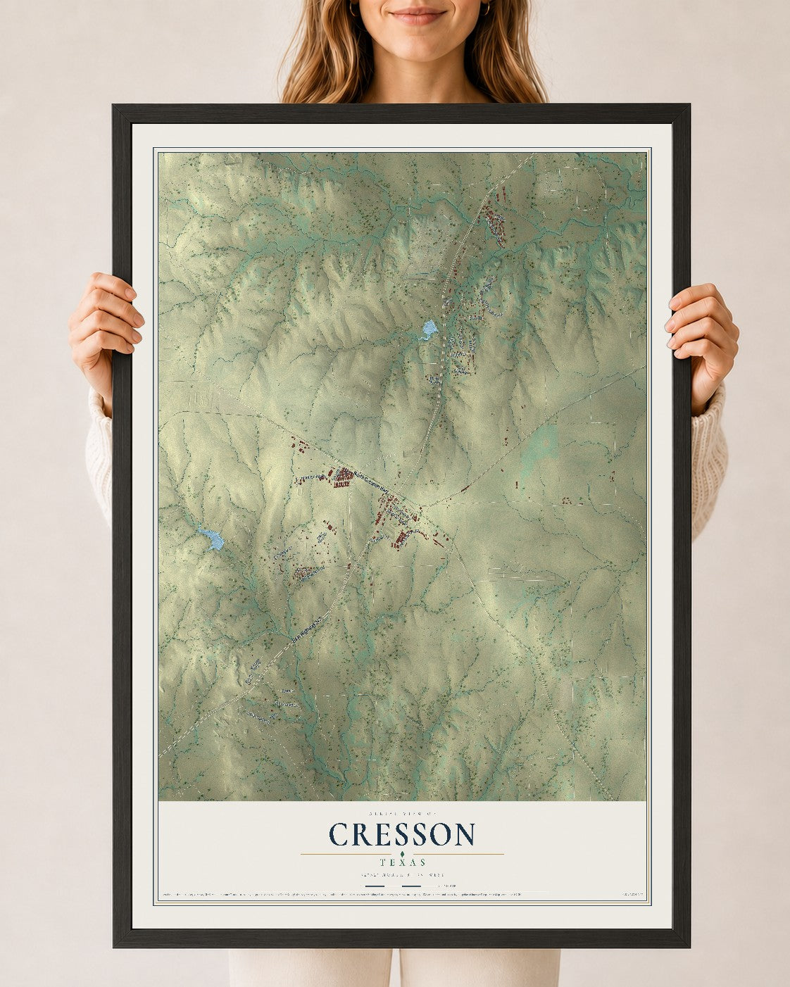Map of Cresson, Texas, 24 x 36 inch print in a black wood frame