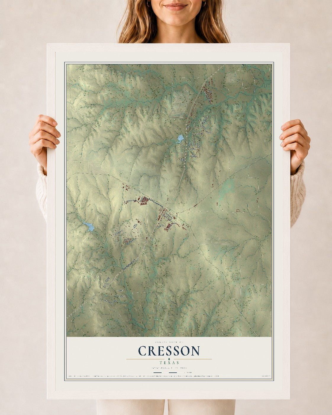 Map of Cresson, Texas, 24 x 36 inch print in a white wood frame