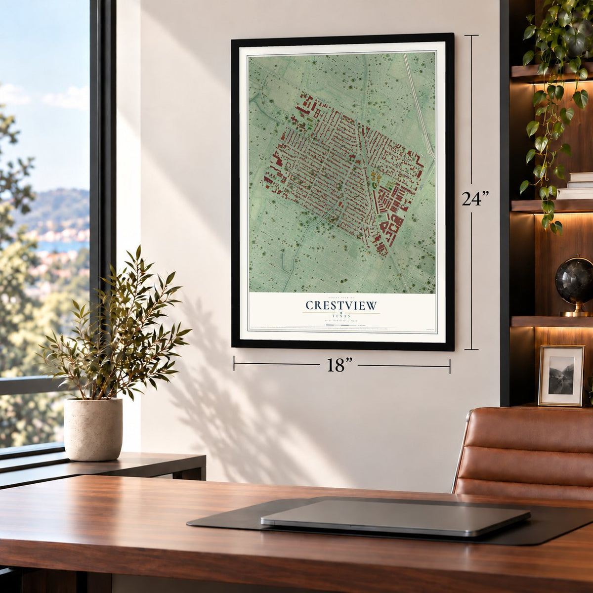 Crestview, Texas map, 18 x 24 inch print in a black frame in a home office
