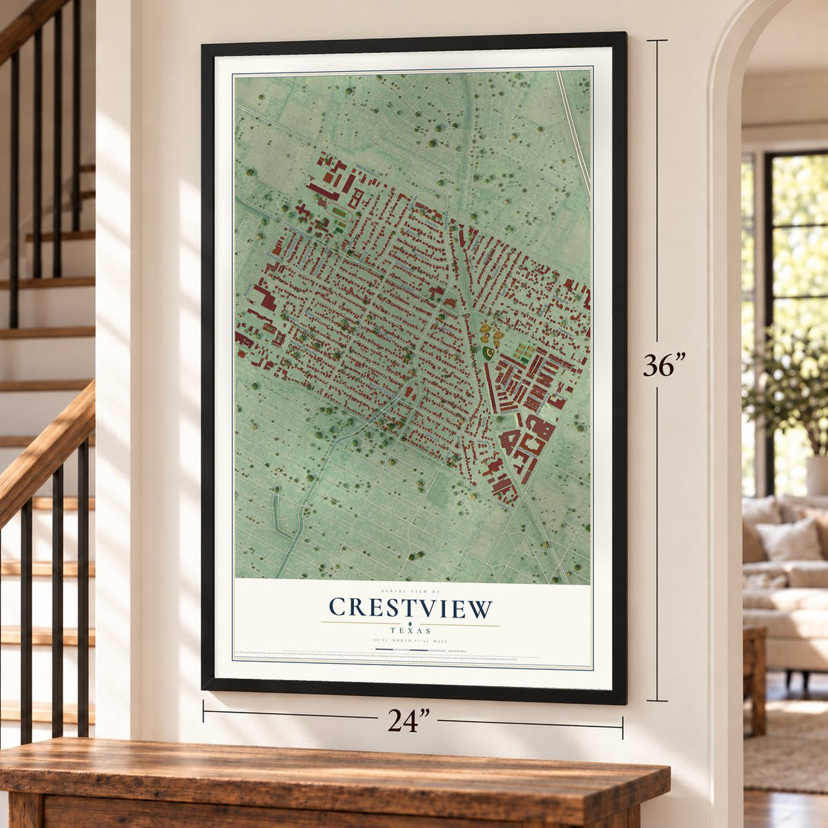 Crestview, Texas map, 24 x 36 inch print in a black frame by a staircase