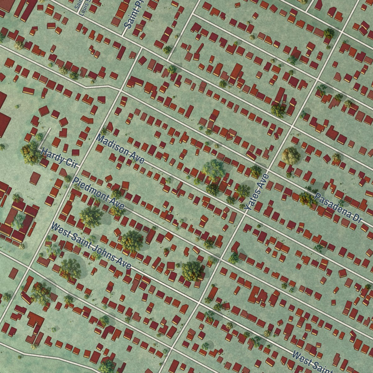 Close-up of the map of Crestview, Texas print showing street and building detail