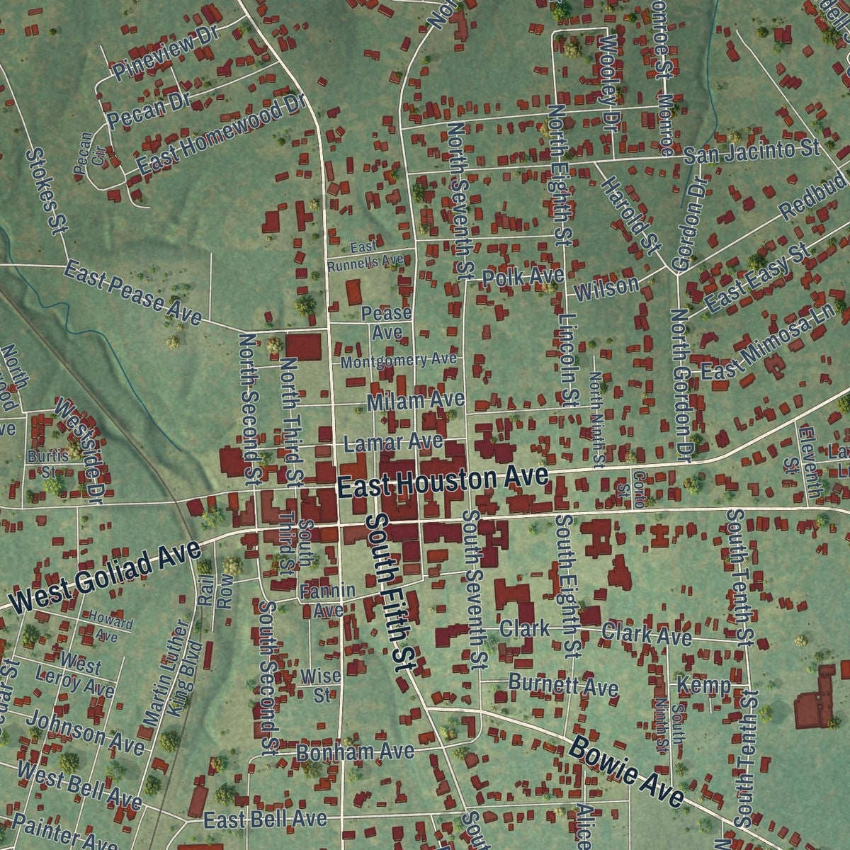 Close-up of the map of Crockett, Texas print showing street and building detail