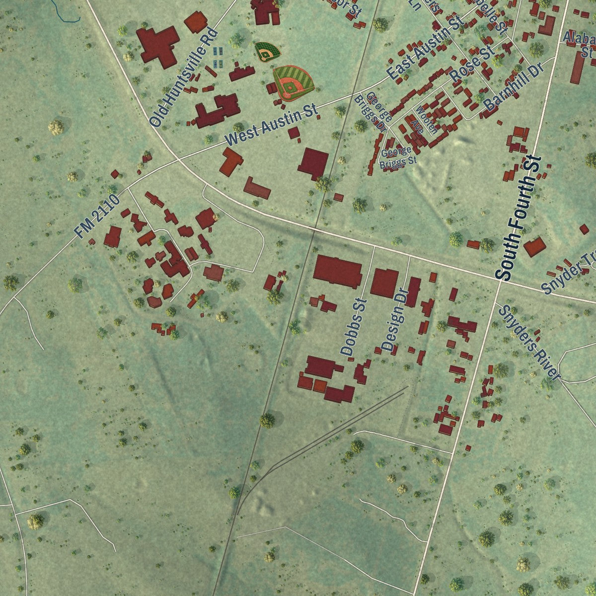 Second close-up of the map of Crockett, Texas print showing more streets and buildings