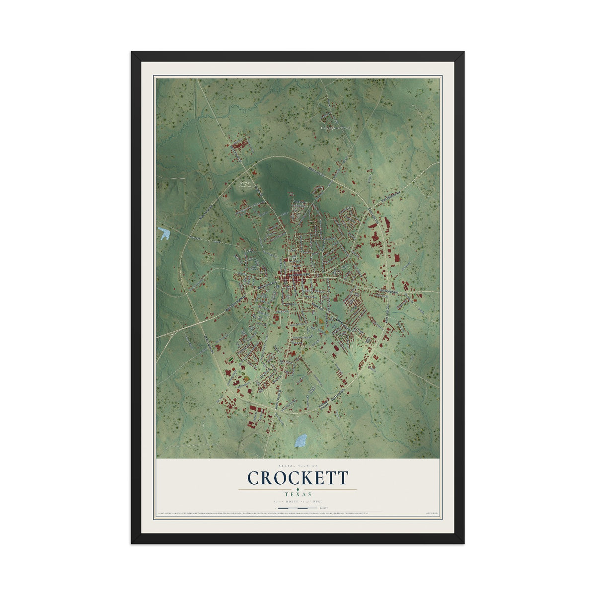 Map of Crockett, Texas, 12 x 18 inch print in a black wood frame