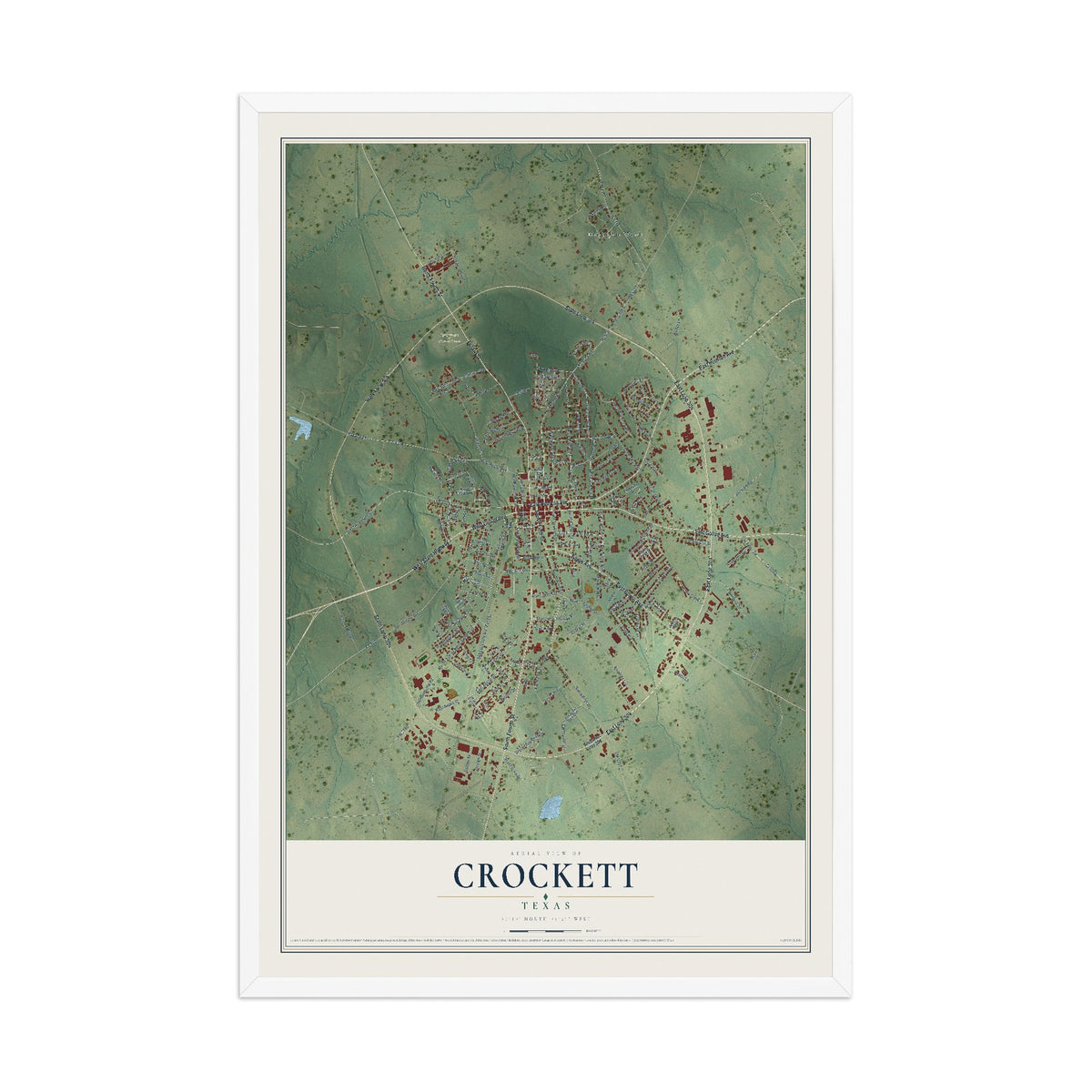 Map of Crockett, Texas, 12 x 18 inch print in a white wood frame