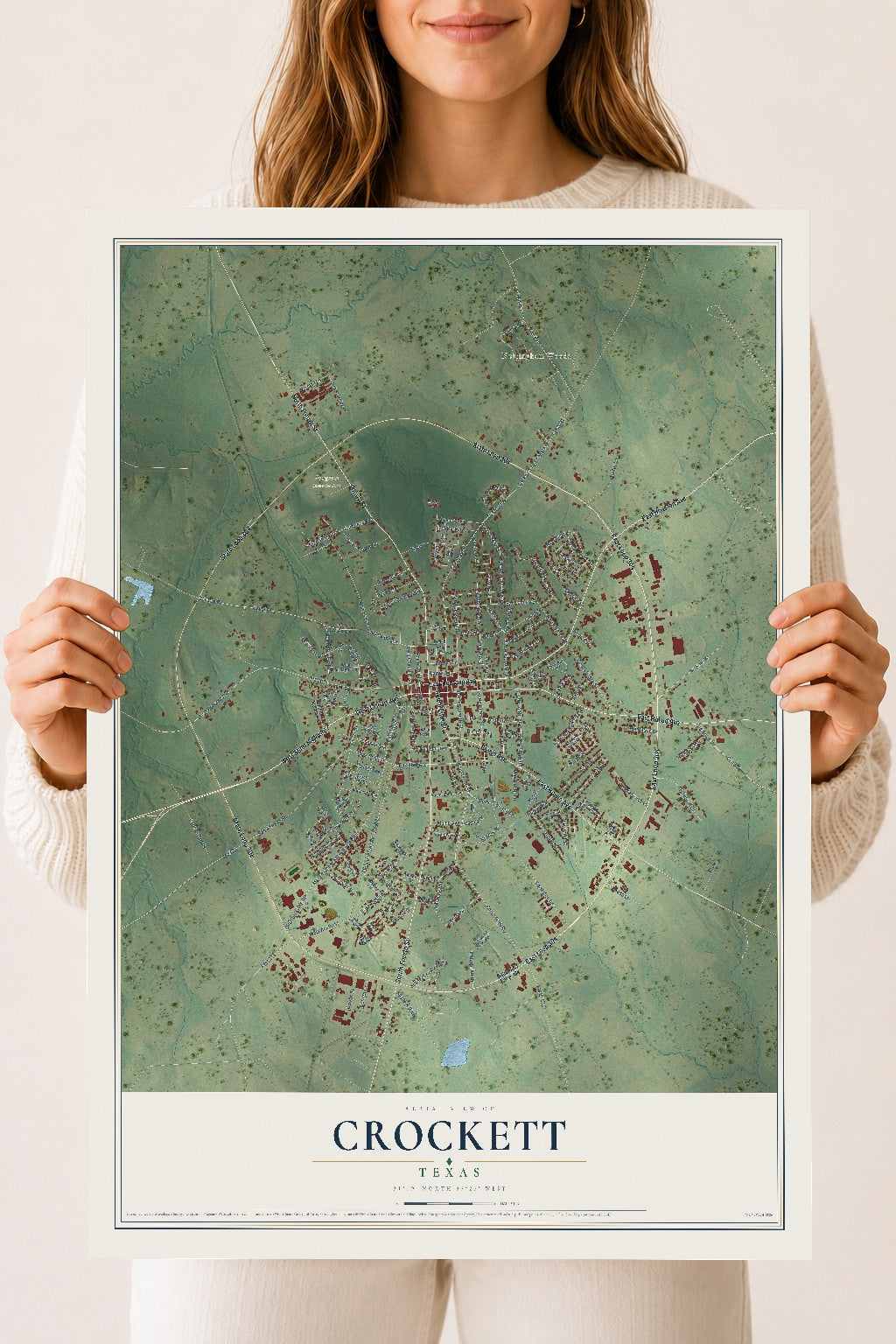 Map of Crockett, Texas, 18 x 24 inch unframed archival matte print