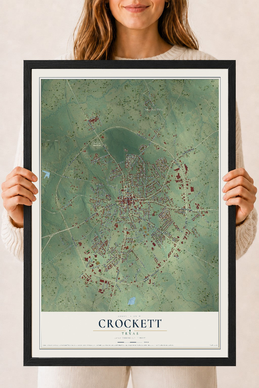Map of Crockett, Texas, 18 x 24 inch print in a black wood frame
