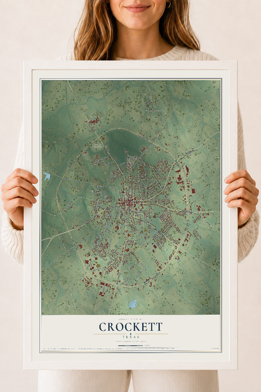 Map of Crockett, Texas, 18 x 24 inch print in a white wood frame
