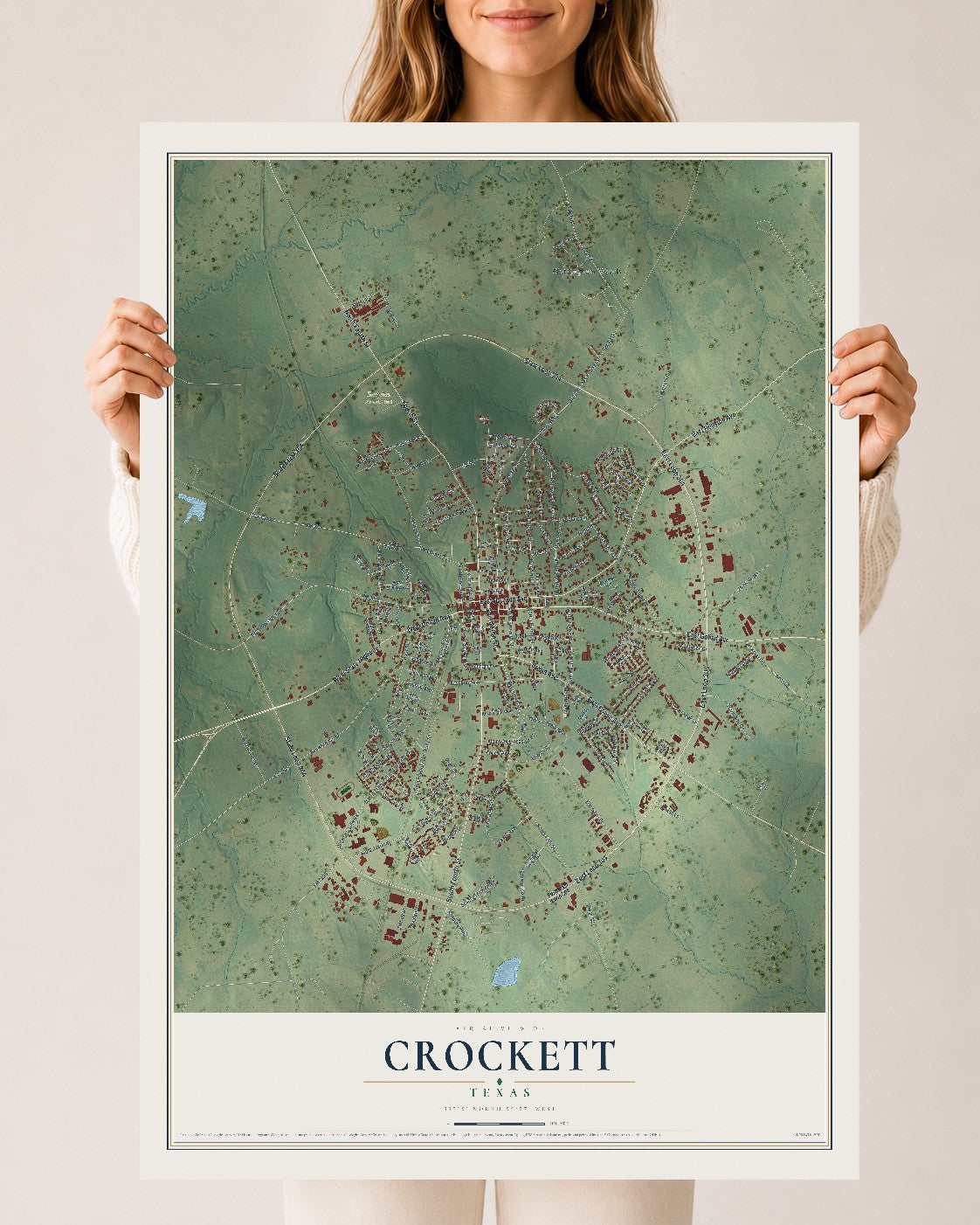 Map of Crockett, Texas, 24 x 36 inch unframed archival matte print