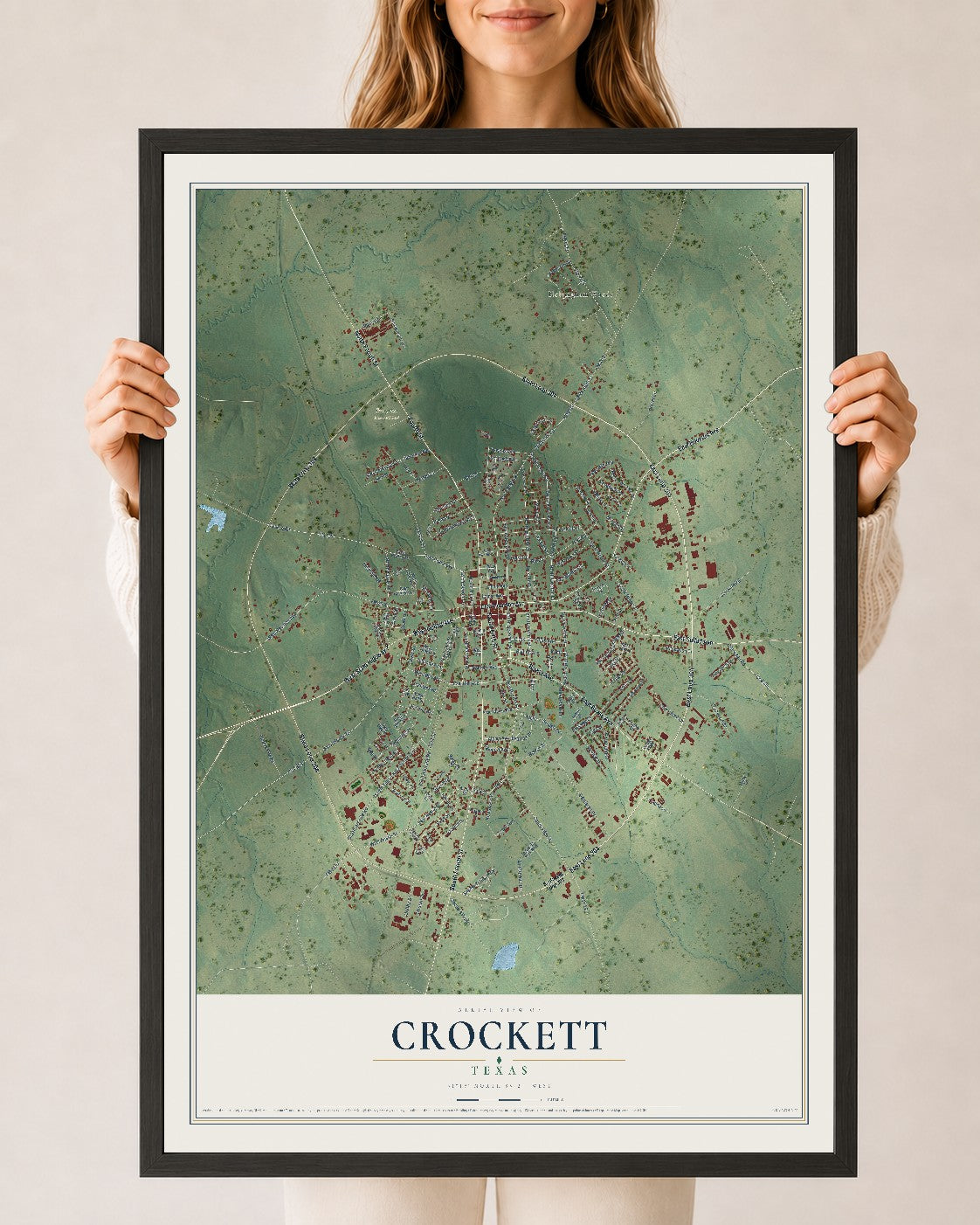 Map of Crockett, Texas, 24 x 36 inch print in a black wood frame
