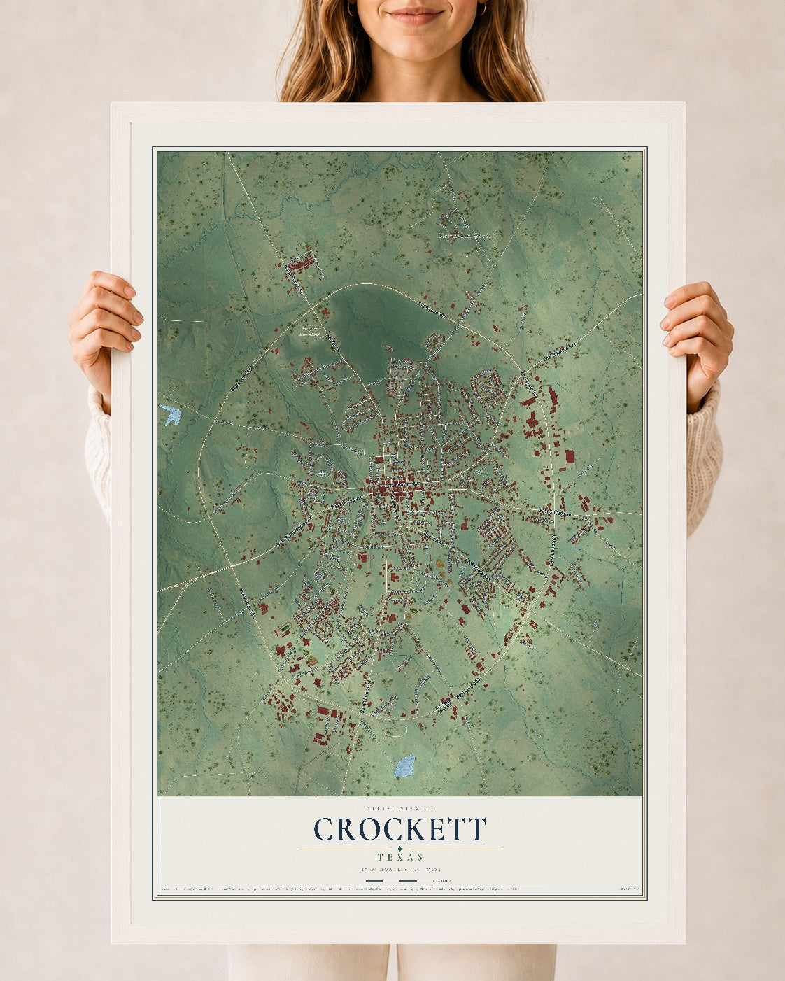 Map of Crockett, Texas, 24 x 36 inch print in a white wood frame