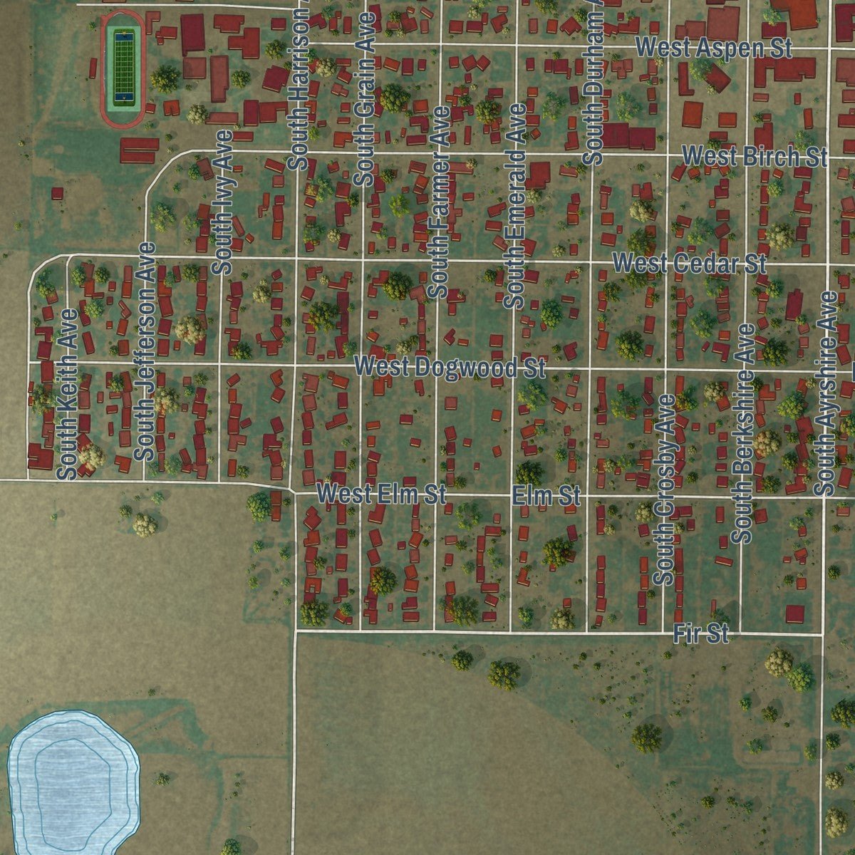 Close-up of the map of Crosbyton, Texas print showing street and building detail